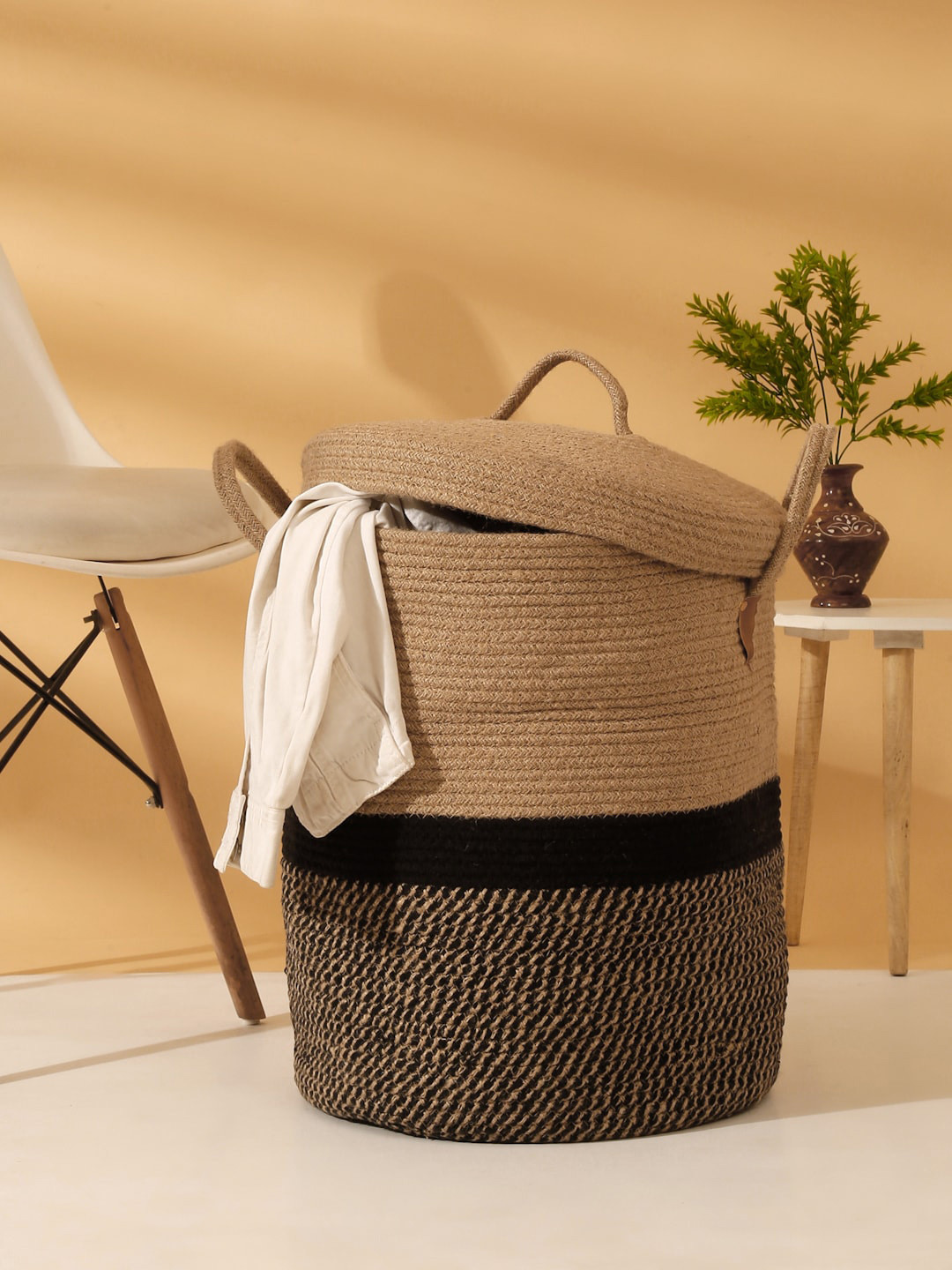 HOSTA HOMES Brown & Black Jute Pure Cotton Laundry Bag