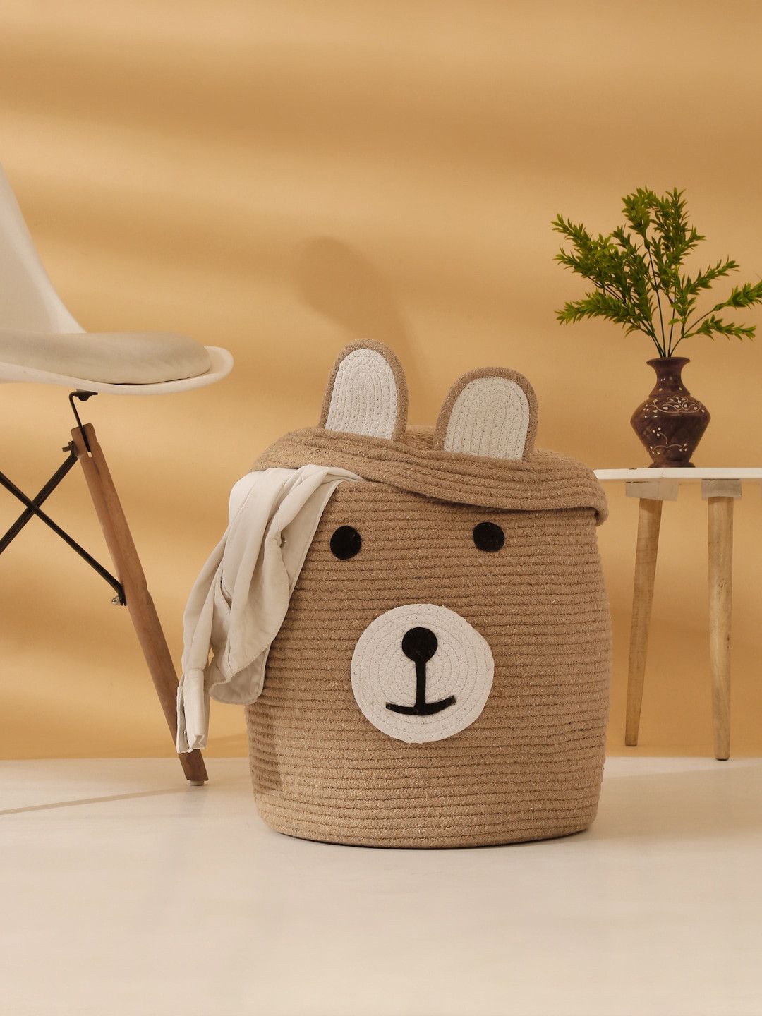 HOSTA HOMES Kids Brown & White Cartoon Face Pure Cotton Laundry Bag