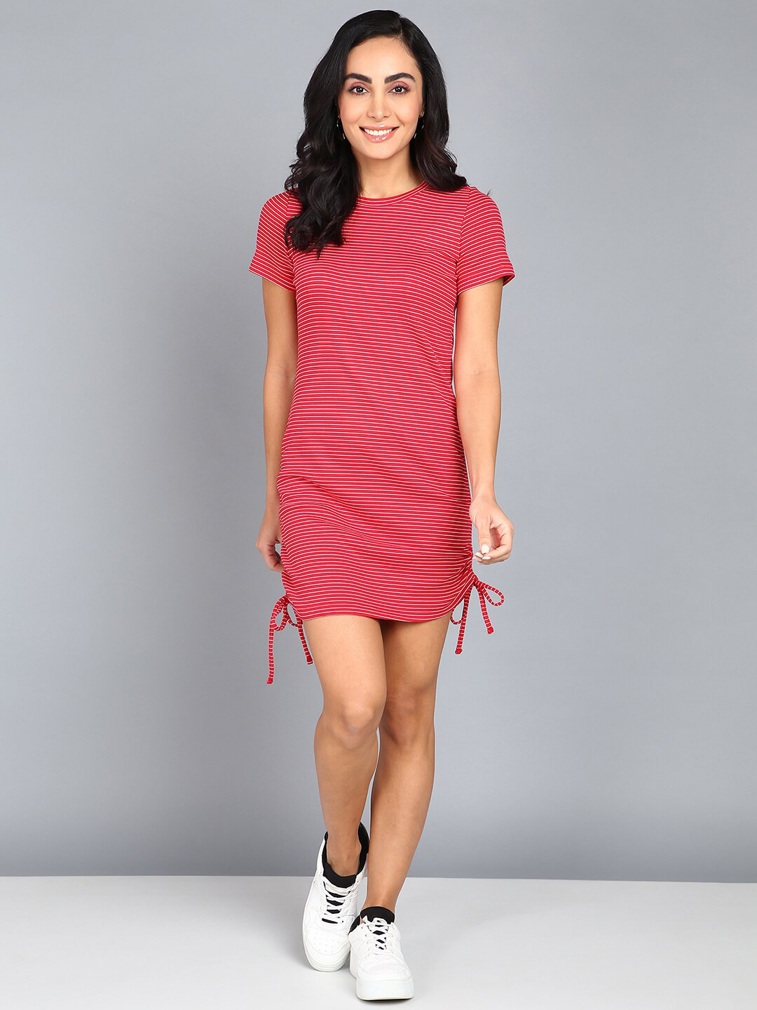Mast & Harbour Red & White Horizontal Striped Side Tie-Up T-Shirt Dress