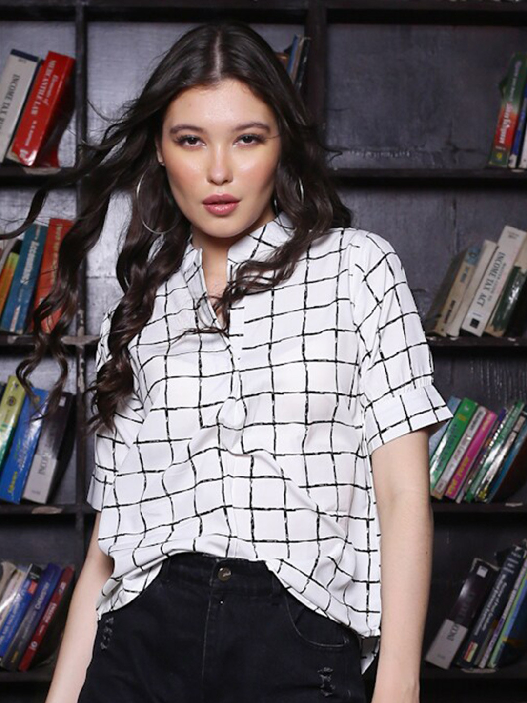 Sera White & Black Checked Mandarin Collar Top