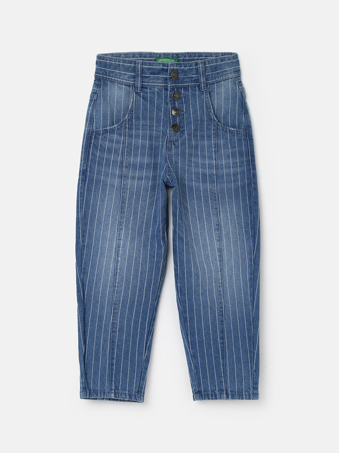 United Colors of Benetton Girls Slouchy Fit Striped Light Fade Cotton Jeans
