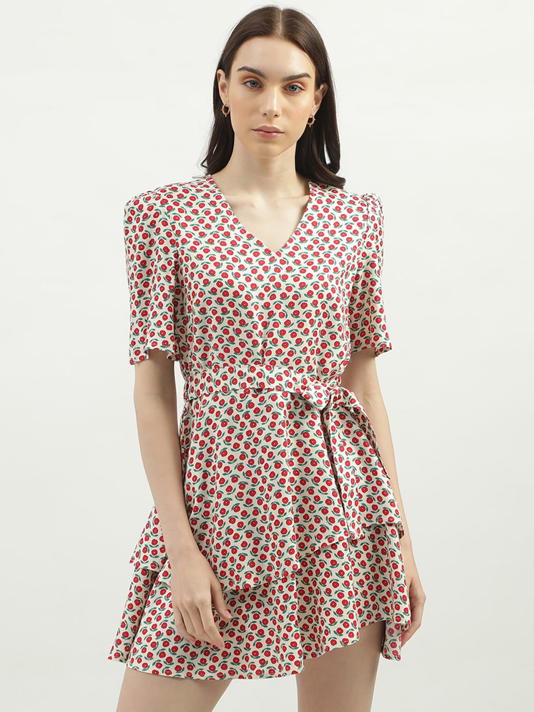 United Colors of Benetton Floral Printed V-Neck Tie-Ups A-Line Dress