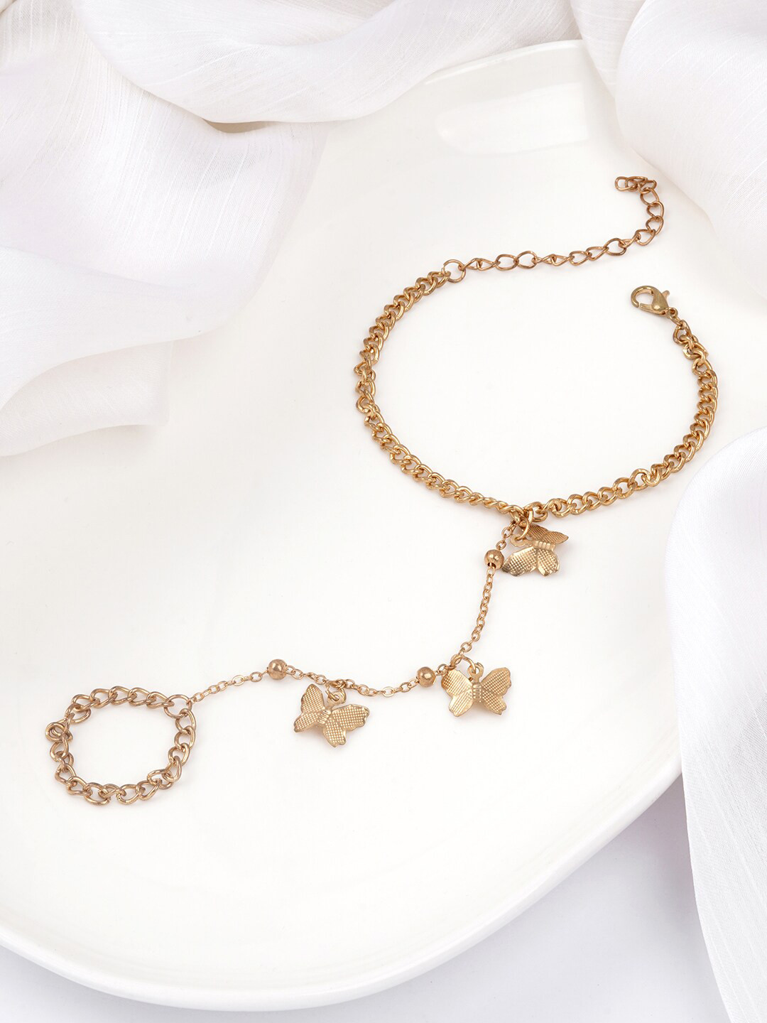 BEWITCHED Gold-Plated Butterfly Charm Ring Chain Bracelet