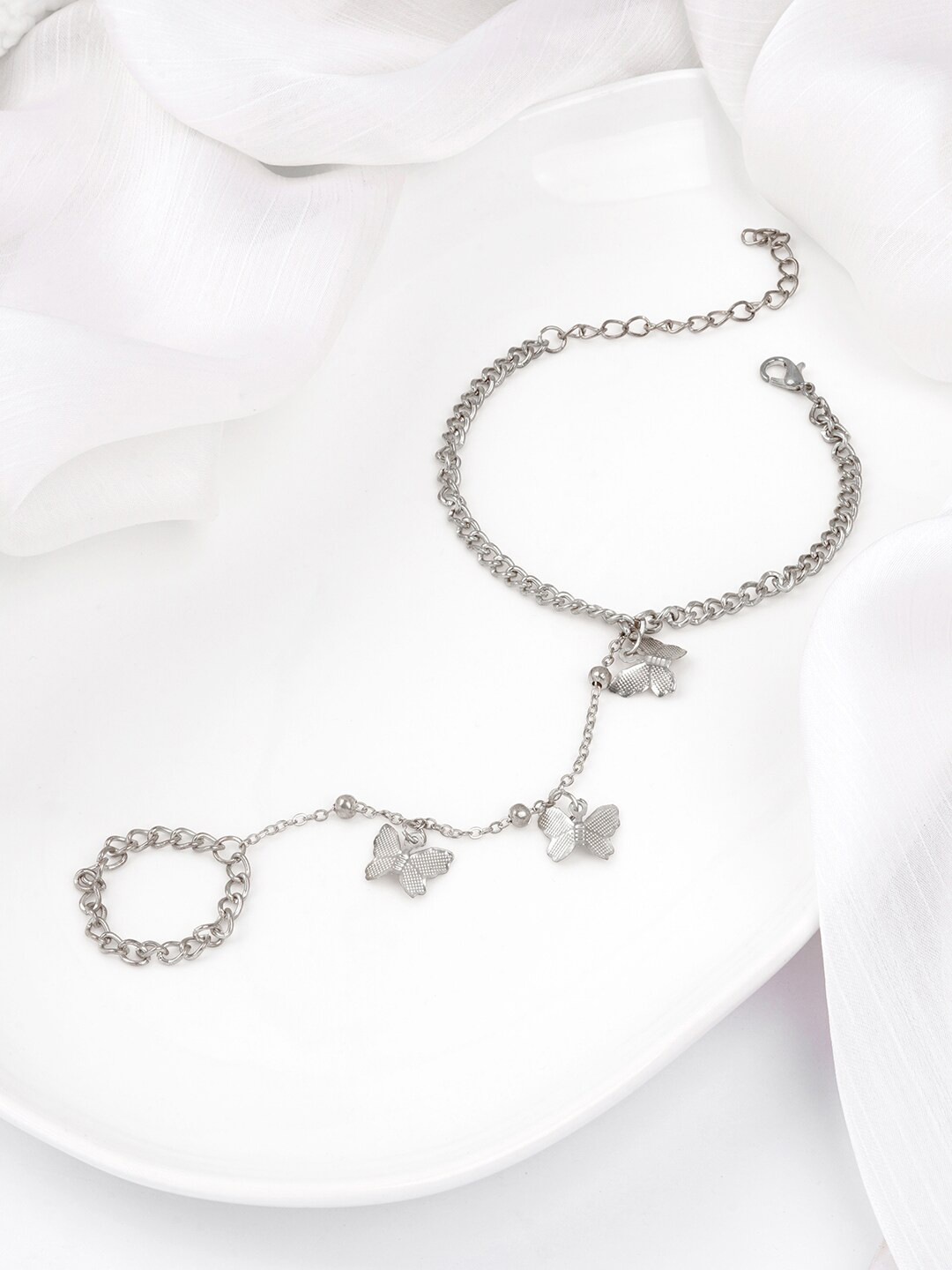 BEWITCHED Women Silver-Plated Butterfly Charm Ring Bracelet