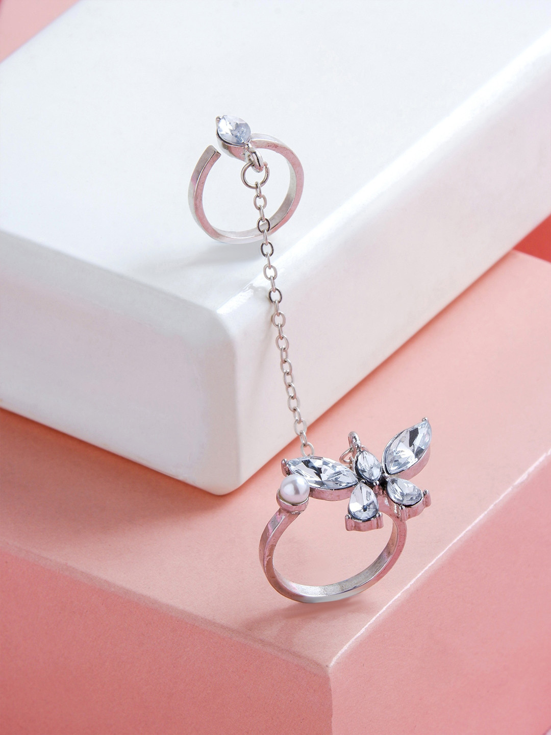 BEWITCHED Silver-Plated Rhinestone & Bead Studded Finger Ring