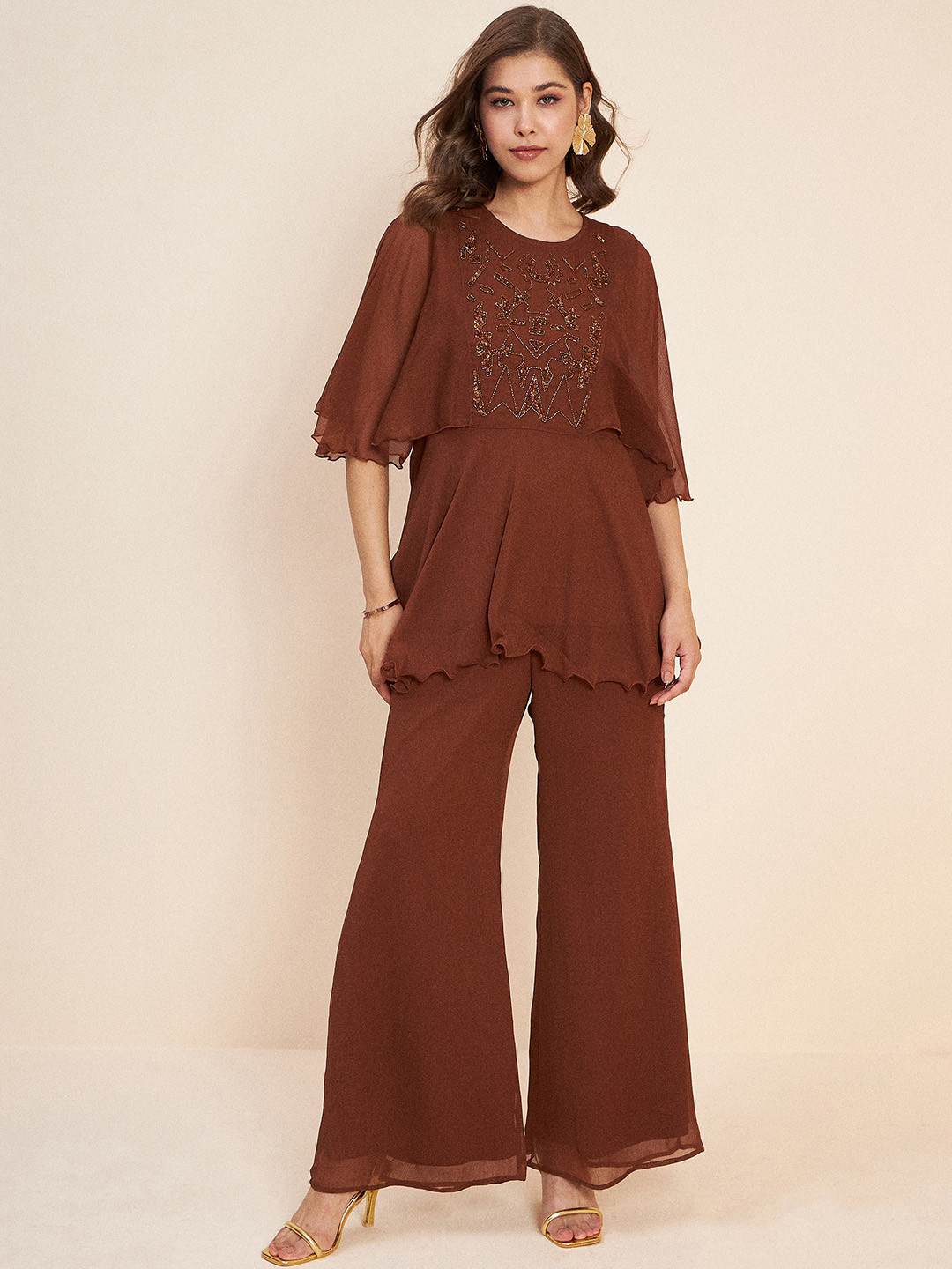 Antheaa Brown Embellished Tunic With Trousers Co-Ords