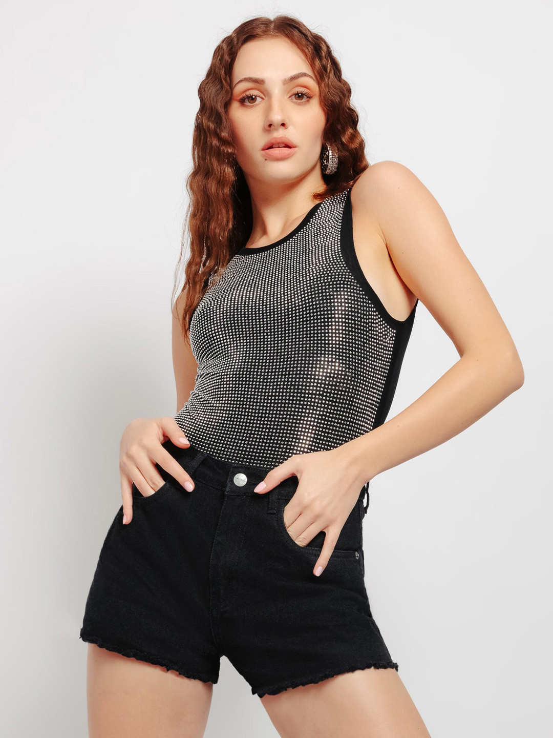 FREAKINS Women Slim Fit High-Rise Black Denim Shorts