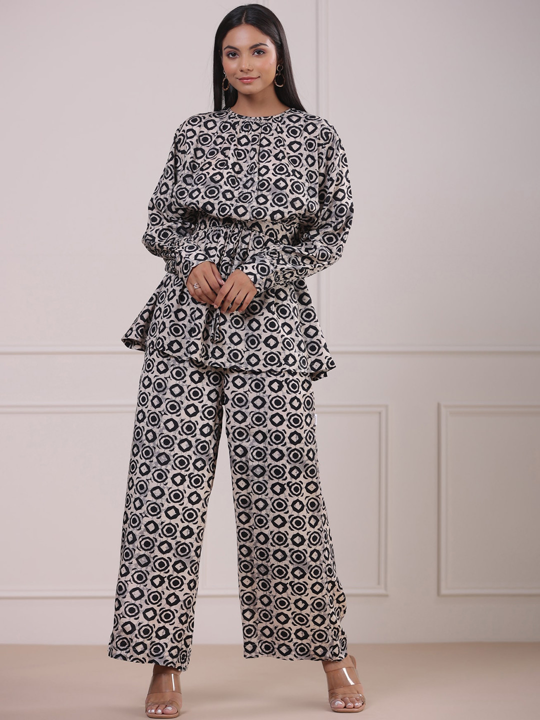 JISORA Black Printed Pure Silk Top & Palazzos Co-Ord Set