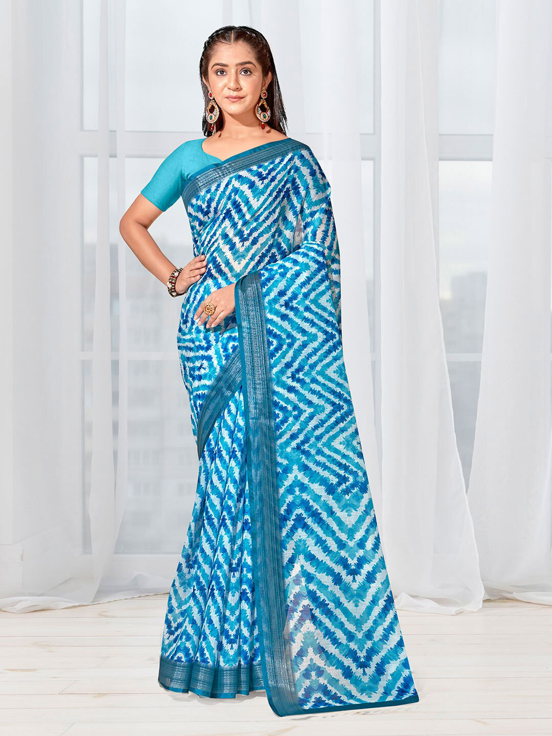 Anouk Navy Blue Abstract Printed Saree With Zari Border