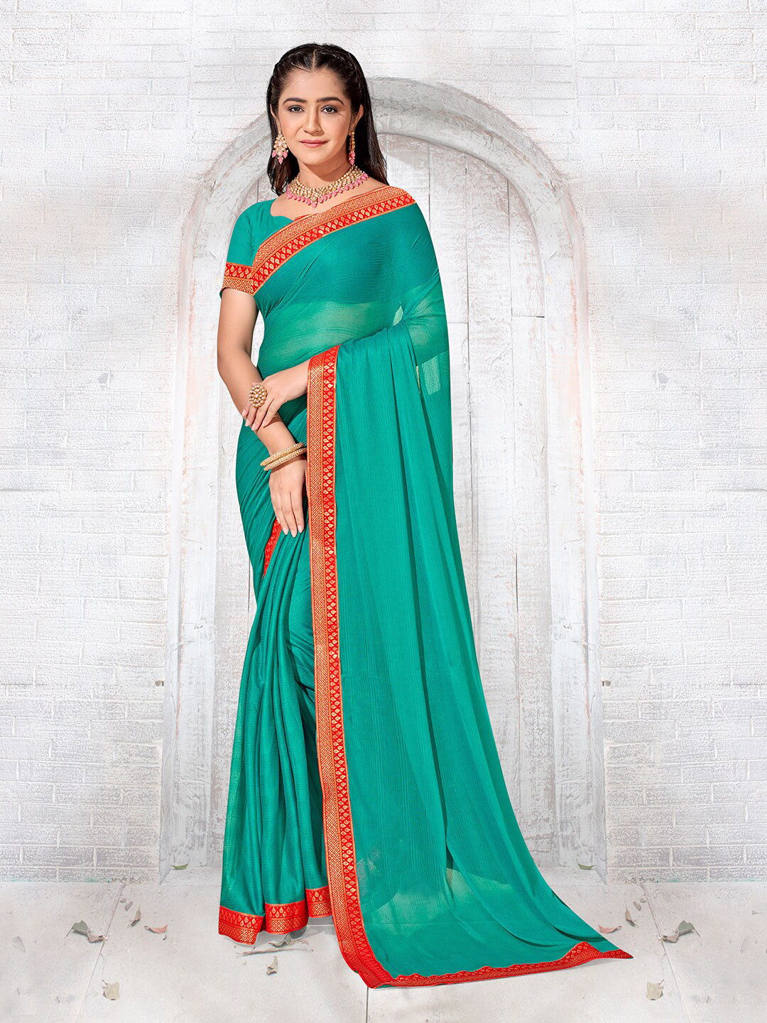 Anouk Rustic Turquoise Blue Zari Poly Chiffon Saree