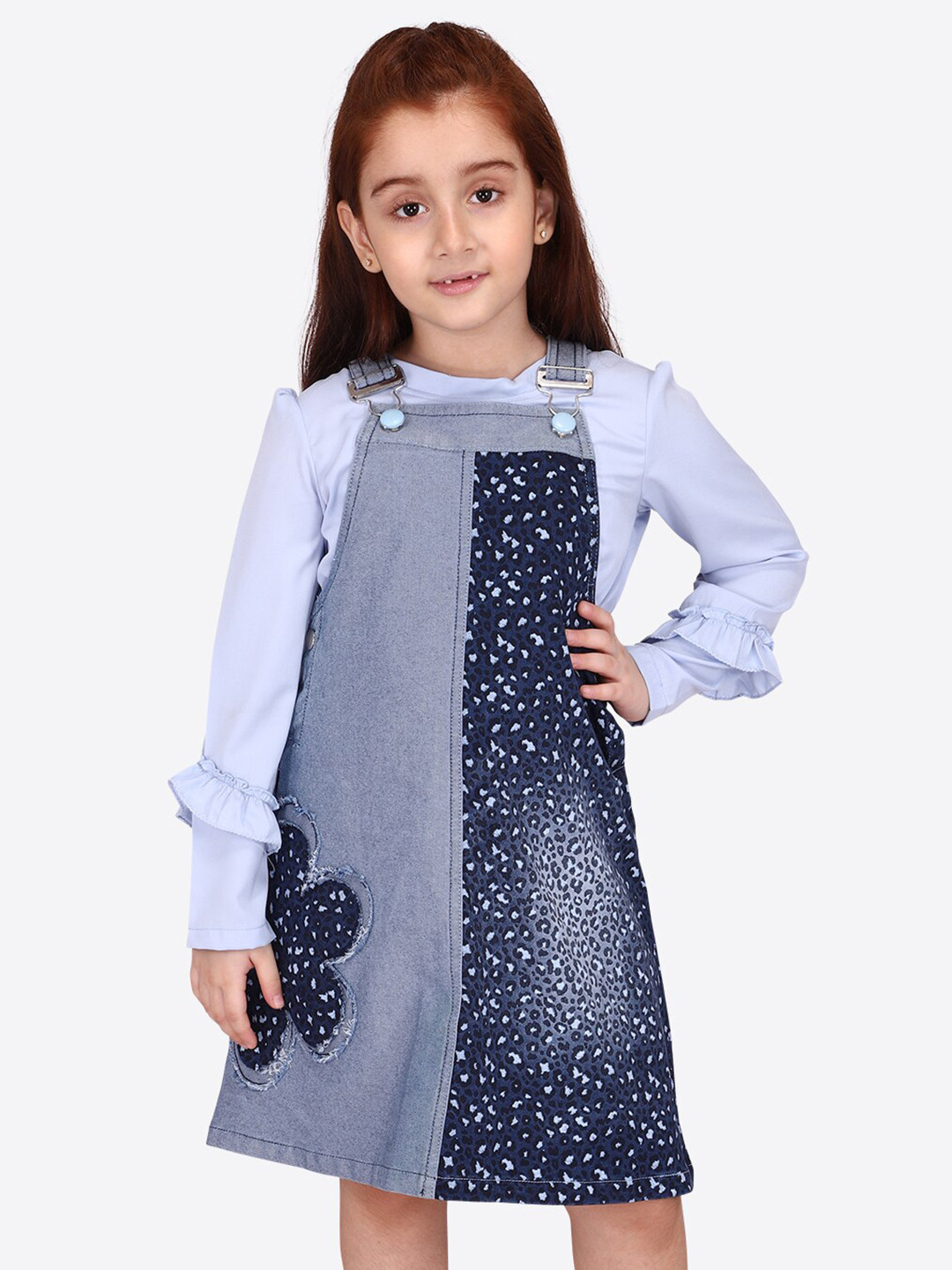 CUTECUMBER Floral Print Denim Pinafore Dress With Top