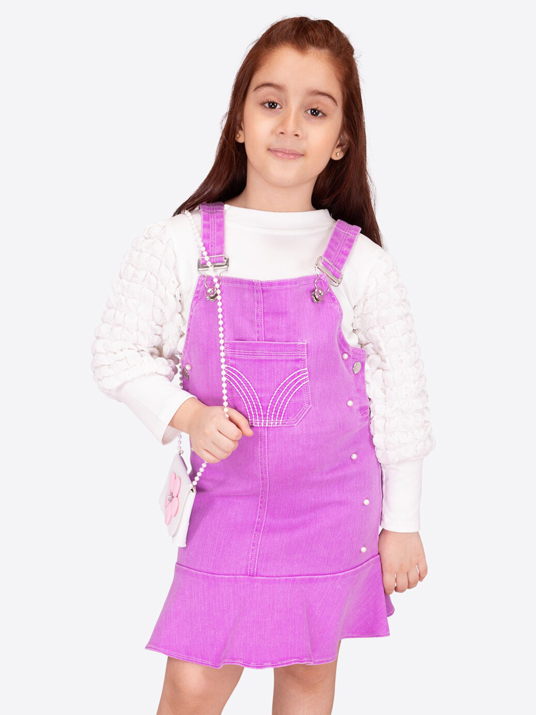 CUTECUMBER Girls Shoulder Straps Beads Detail Pinafore Dress