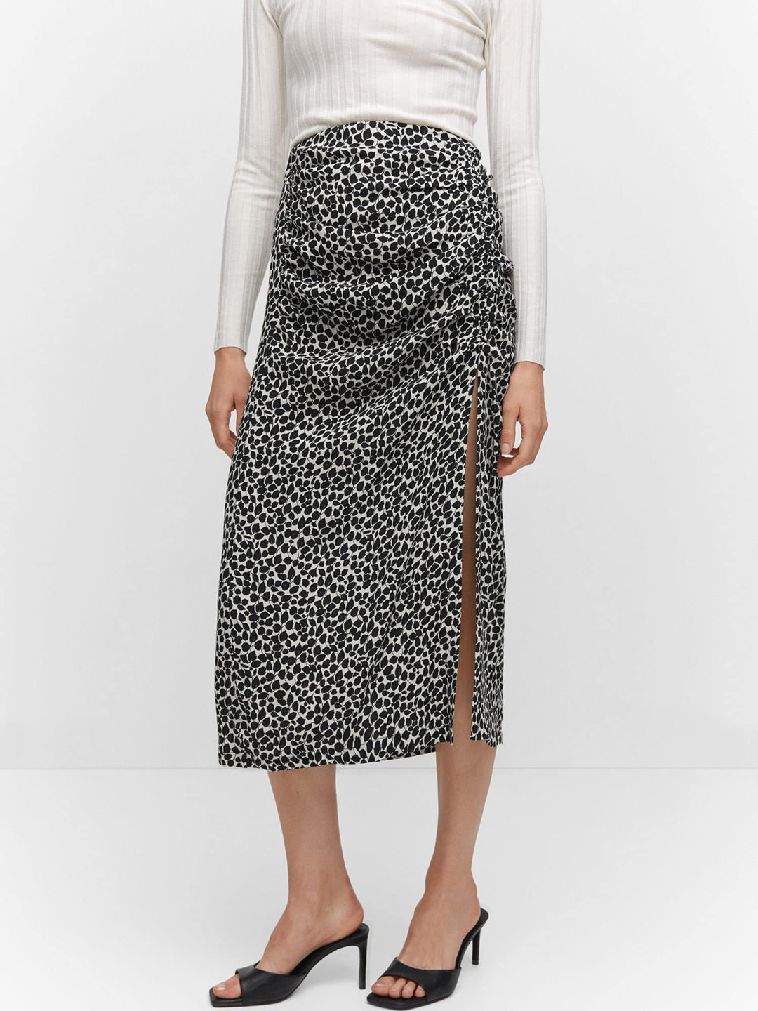 MANGO Monochrome Ruched Printed Side Slit Midi Skirt