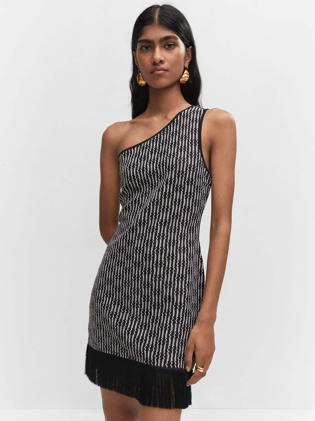 MANGO Chevron Crochet One Shoulder Fringed Sheath Mini Dress