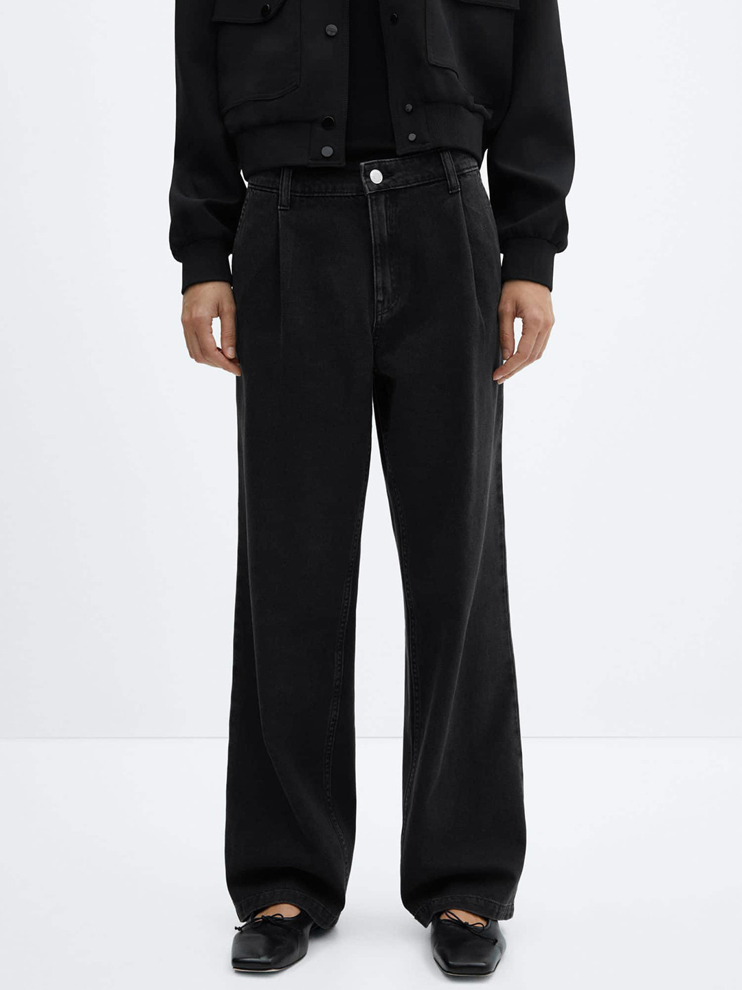 MANGO Women Cotton Straight Pleated Jeans