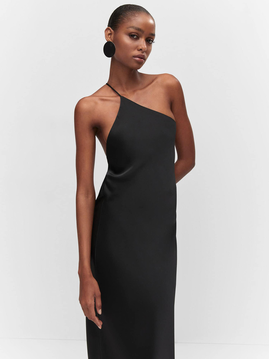 MANGO One Shoulder Open-Back Satin Finish Sheath Midi Dress