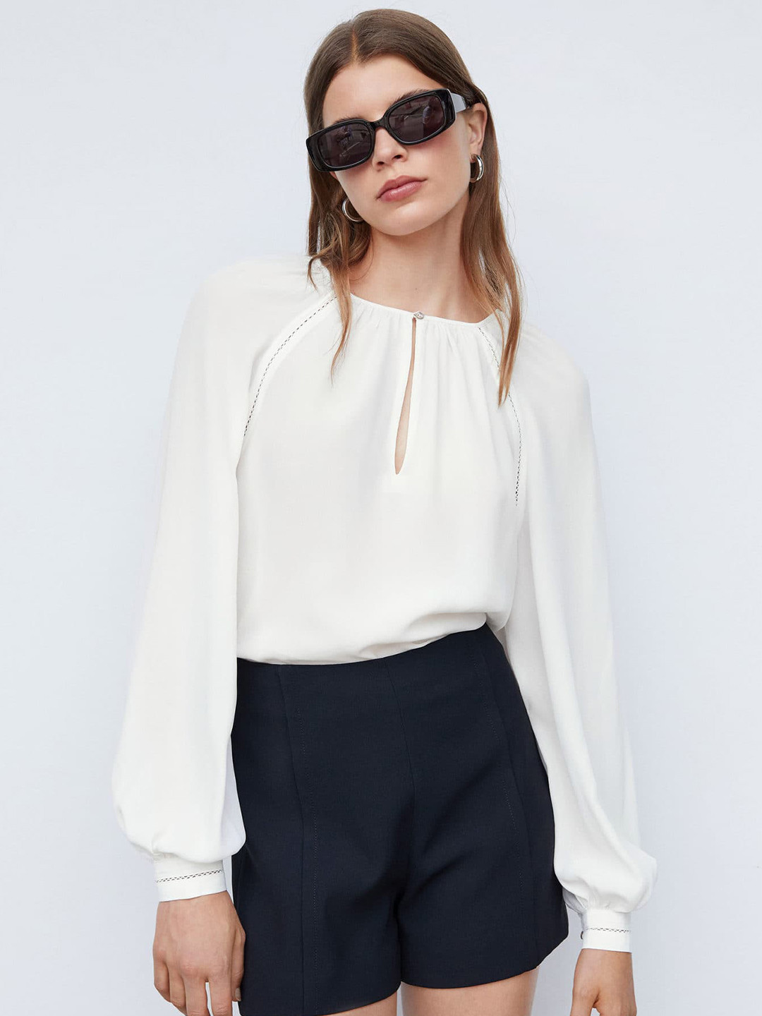 MANGO Keyhole Neck Open-Knit Top