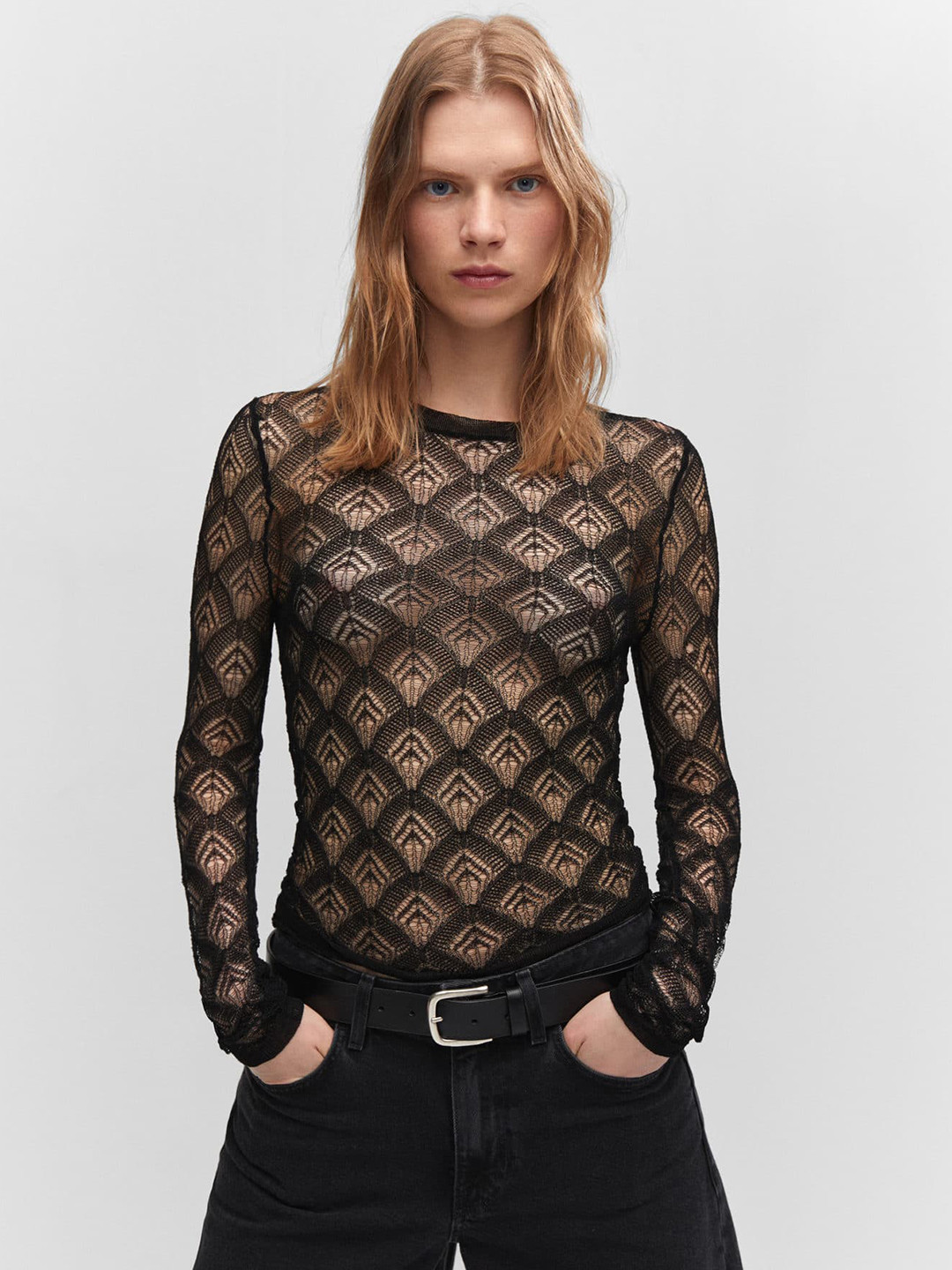 MANGO Open-Knit Semi Sheer Fitted Top