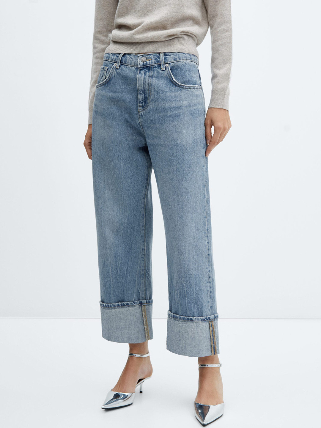 MANGO Women Turned-Up Hem Wide Leg Jeans