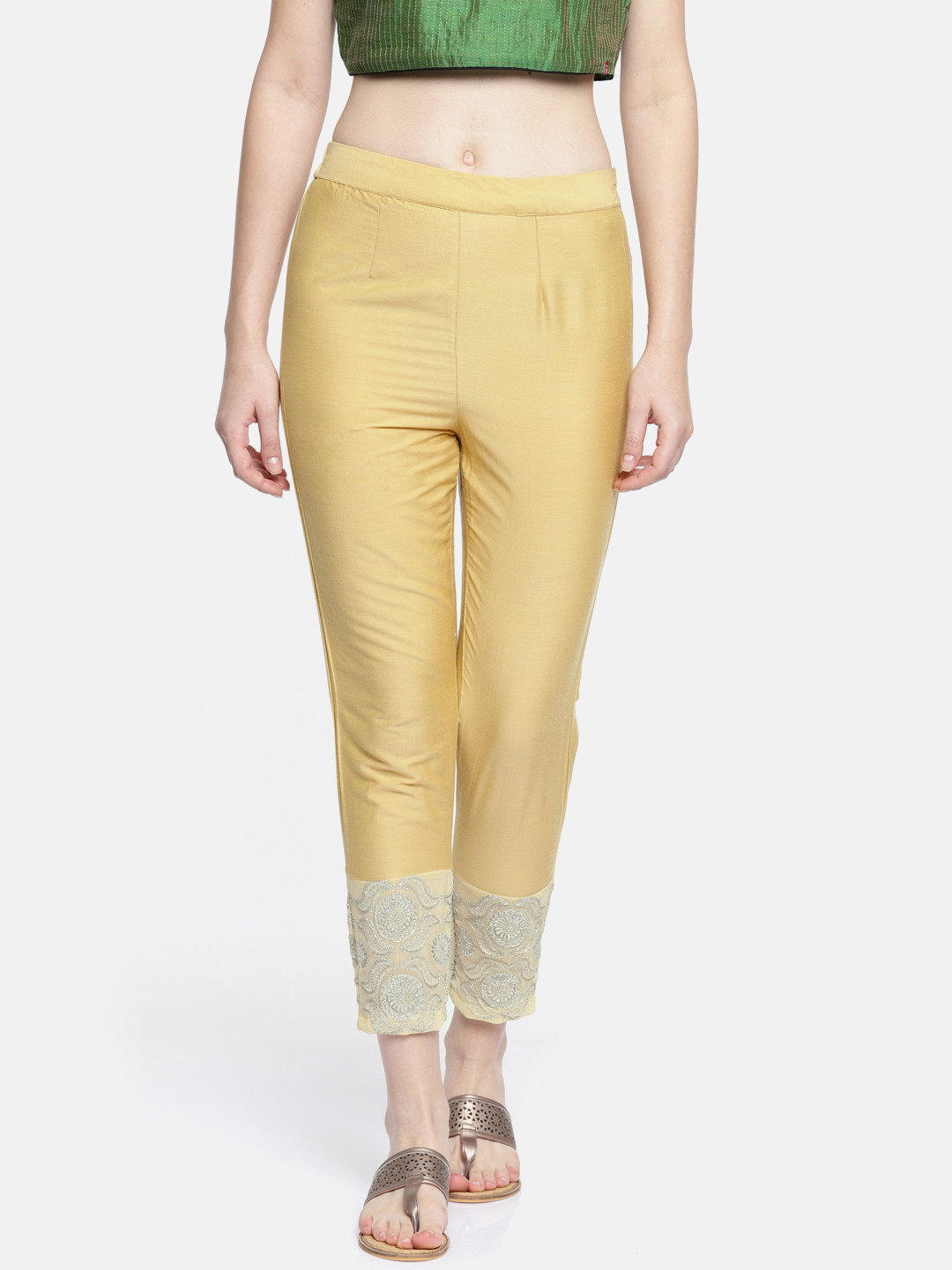 TRISHAA BY PANTALOONS Women Beige Slim Fit Embroidered Regular Trousers