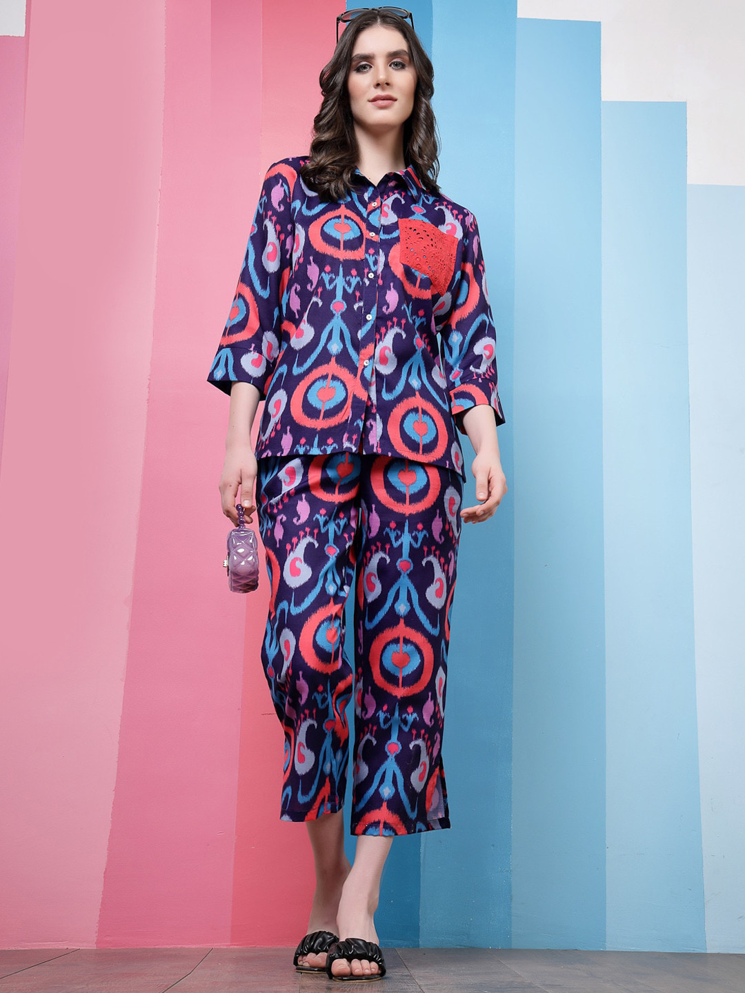Athena Purple Geometric Printed Shirt With Trouser