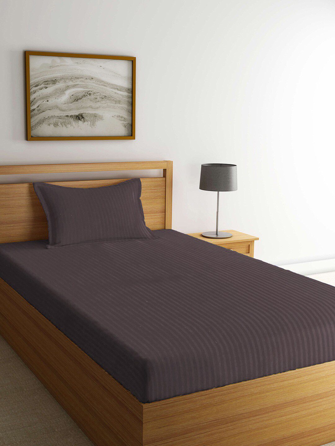 KLOTTHE Brown Striped 300TC Single Bedsheet With Pillow Cover