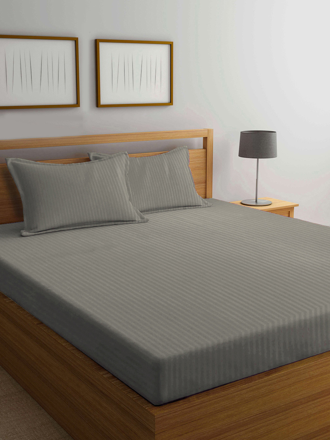 KLOTTHE Lounge Fur Beige Striped Polycotton 300 TC Fitted King Fine Bedsheet with 2 Pillow Covers-98 x 89 inches