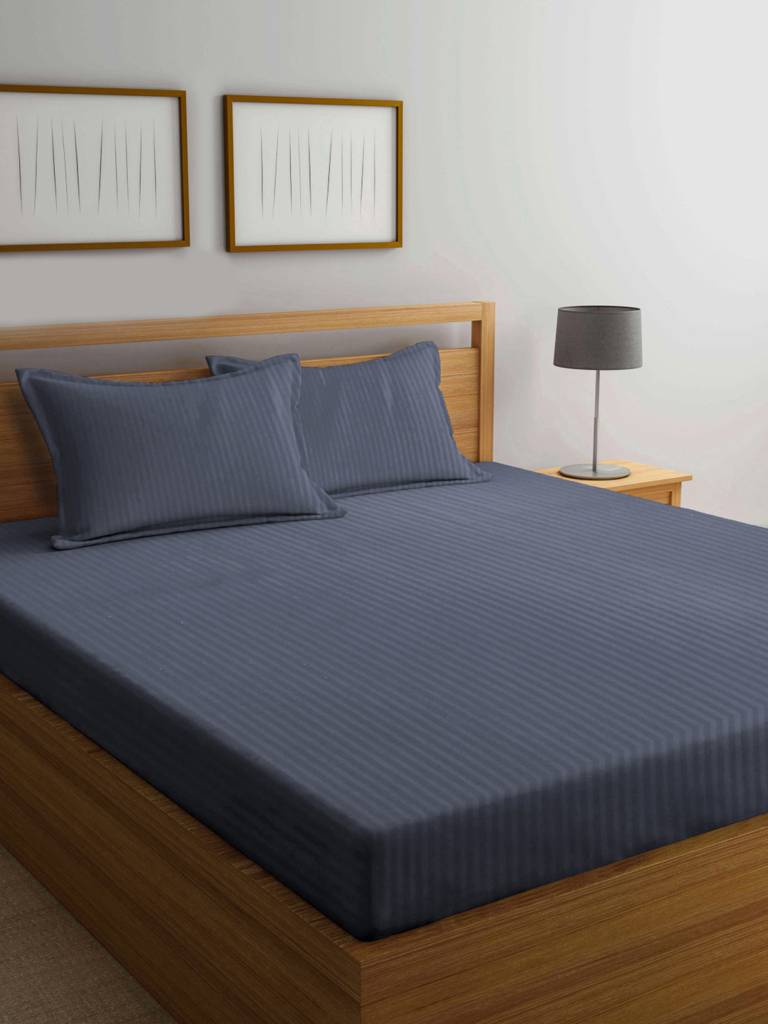 KLOTTHE Book Fold Grey Striped Cotton 300 TC Fitted King Bedsheet with 2 Pillow Covers-98 x 89 inches