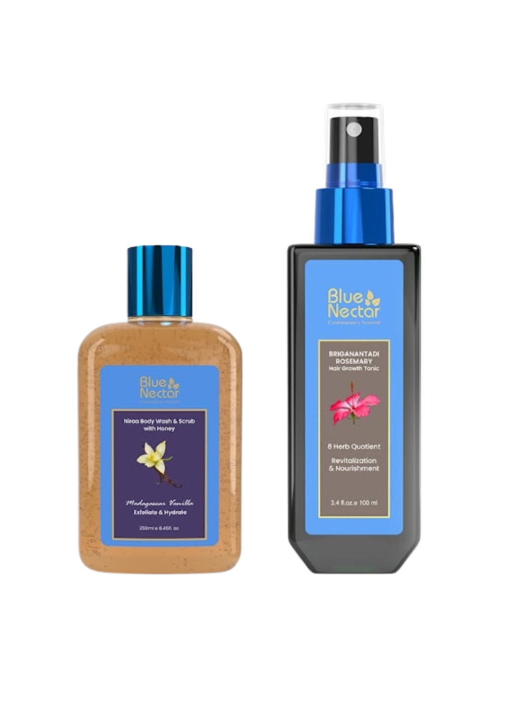 Blue Nectar Exfoliating Body Wash & Scrub 250ml &Hair Serum With Rosemary Oil 100ml