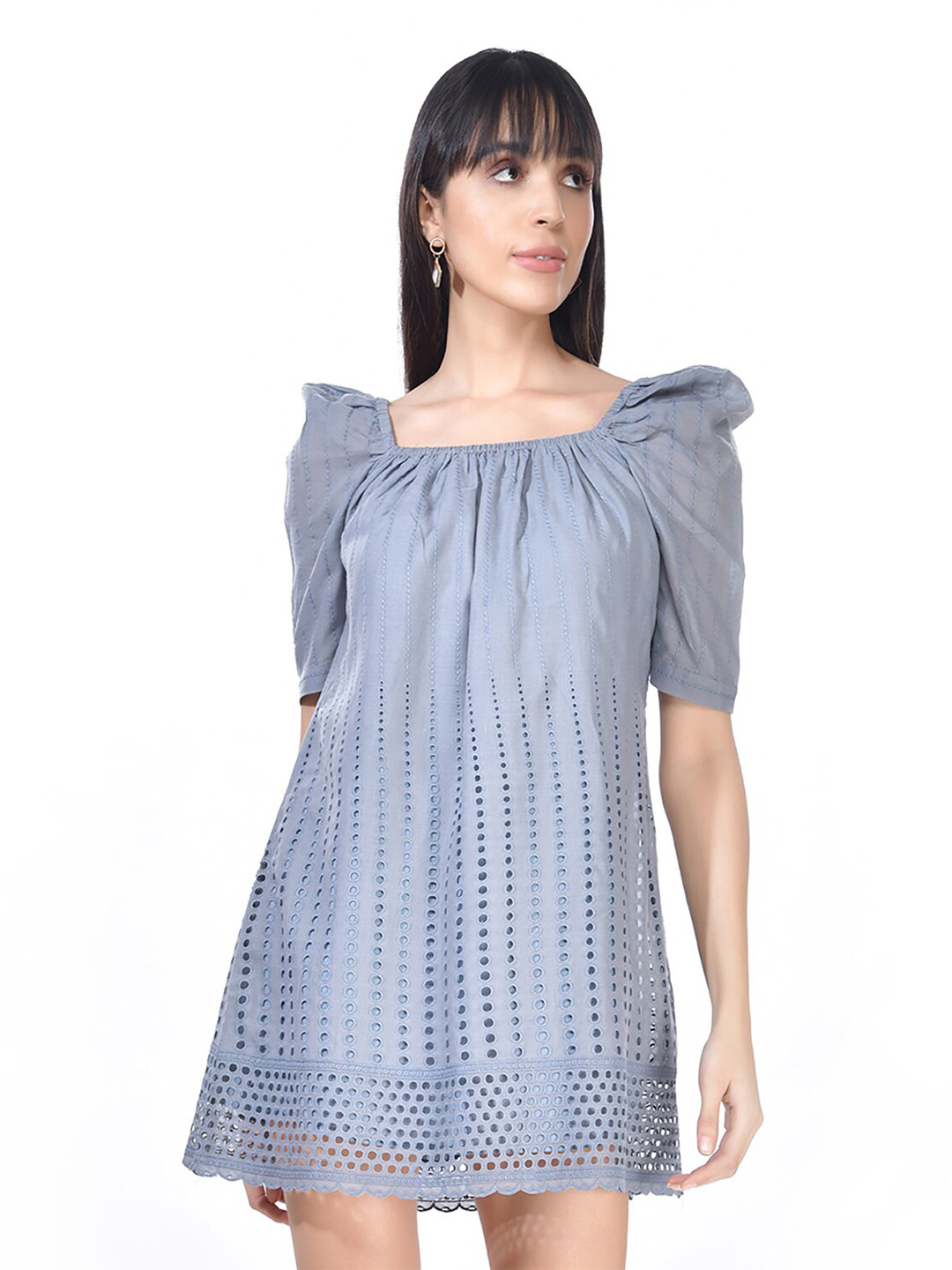 Beatnik Square Neck Puff Sleeves Schiffli Pure Cotton A-Line Mini Dress