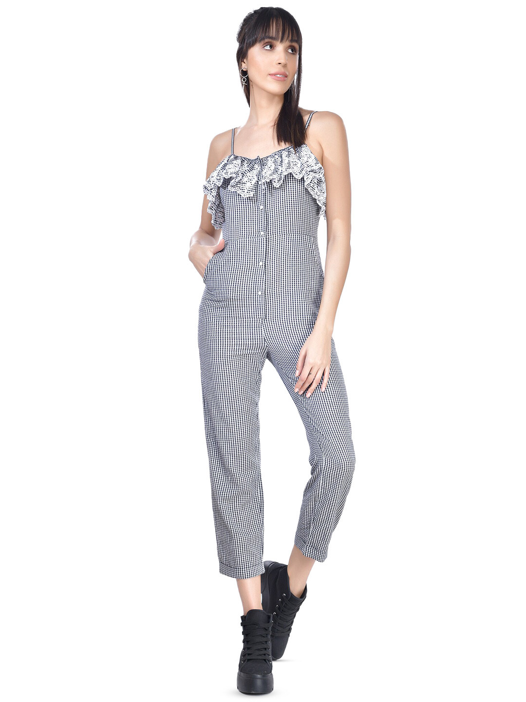 Beatnik Checked Ruffled Shoulder Straps Cotton Basic Jumpsuit