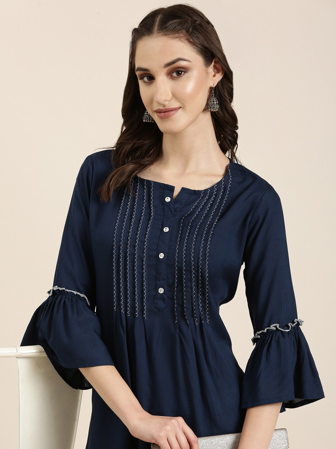 SHOWOFF Thread Work Bell Sleeves Pleated A-Line Kurti