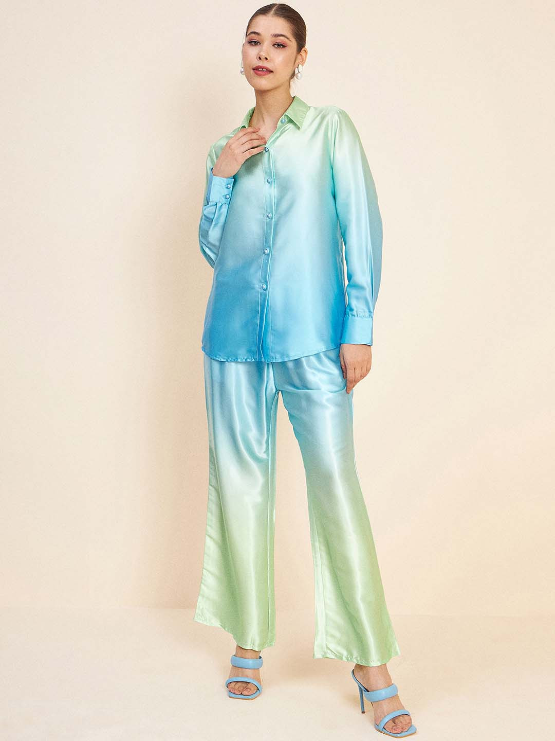 Antheaa Blue Ombre Printed Shirt Collar Long Sleeve Co-Ords