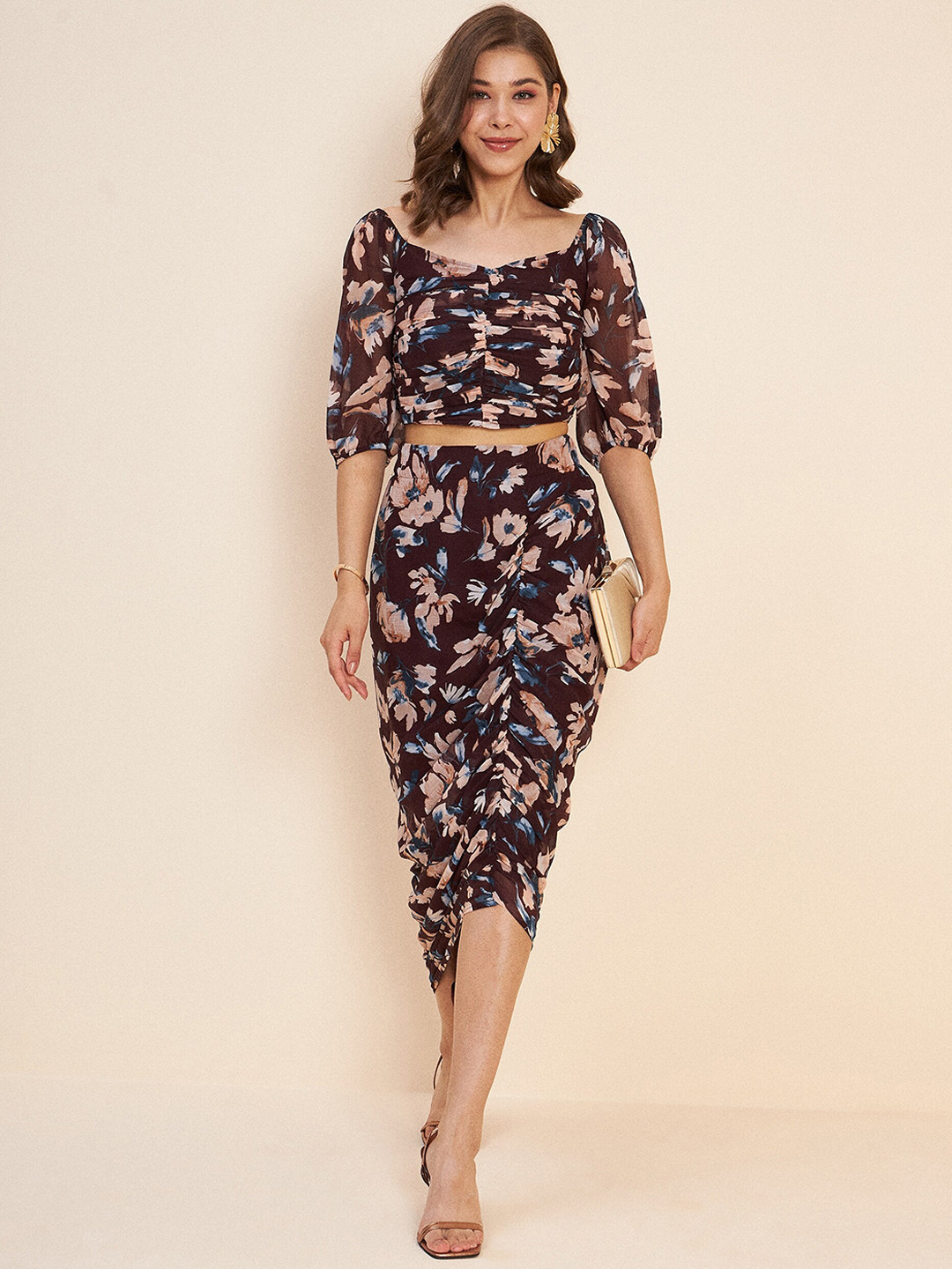 Antheaa Brown Rounched Floral Printed Square Neck Puff Sleeve Co-Ords