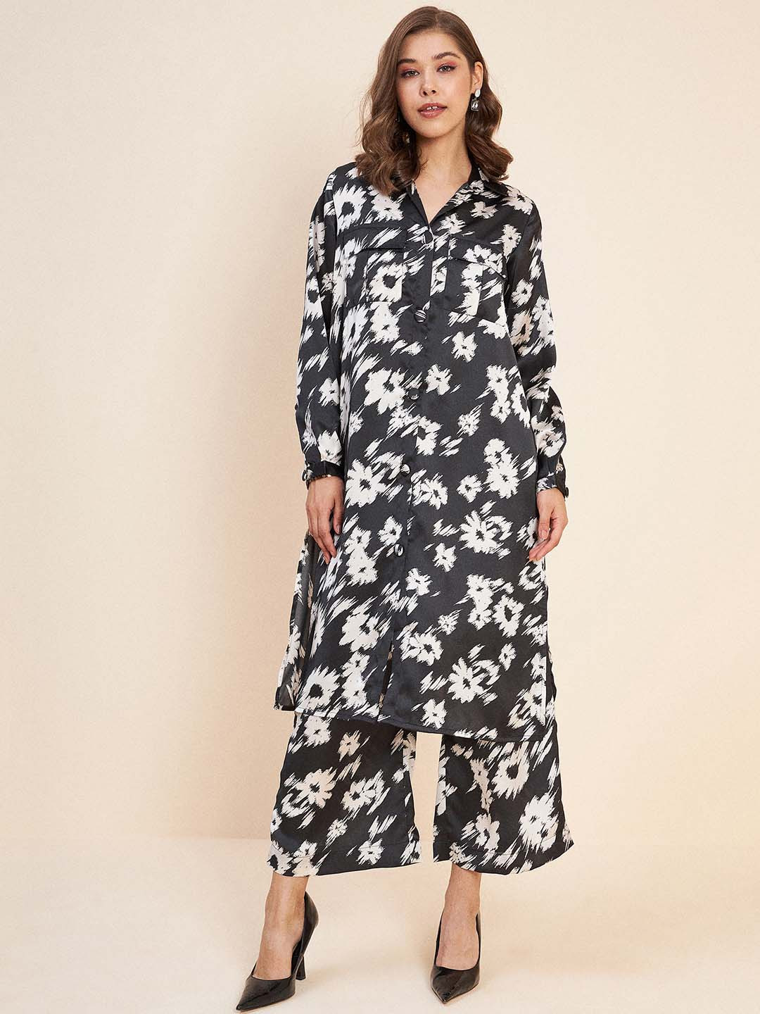 Antheaa Floral Printed Fusion Satin Top & Palazzos