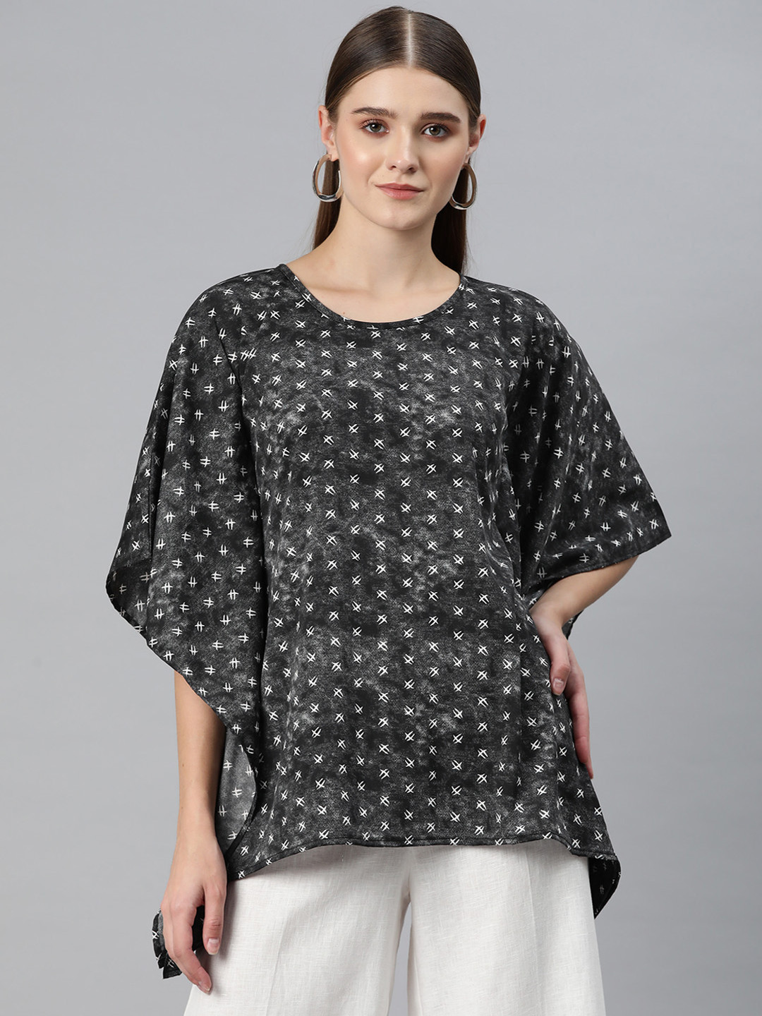 Cottinfab Print Kimono Sleeves Crepe Kaftan Longline Top