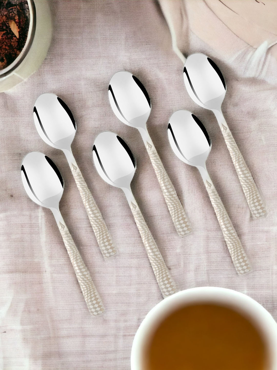 FNS Lush Silver Toned 6 Pcs Printed Stainless Steel Teaspoons