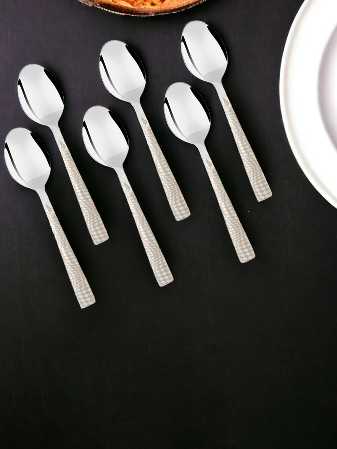 FNS Lush Silver Toned 6 Pieces Printed Stainless Steel Dessert Spoons