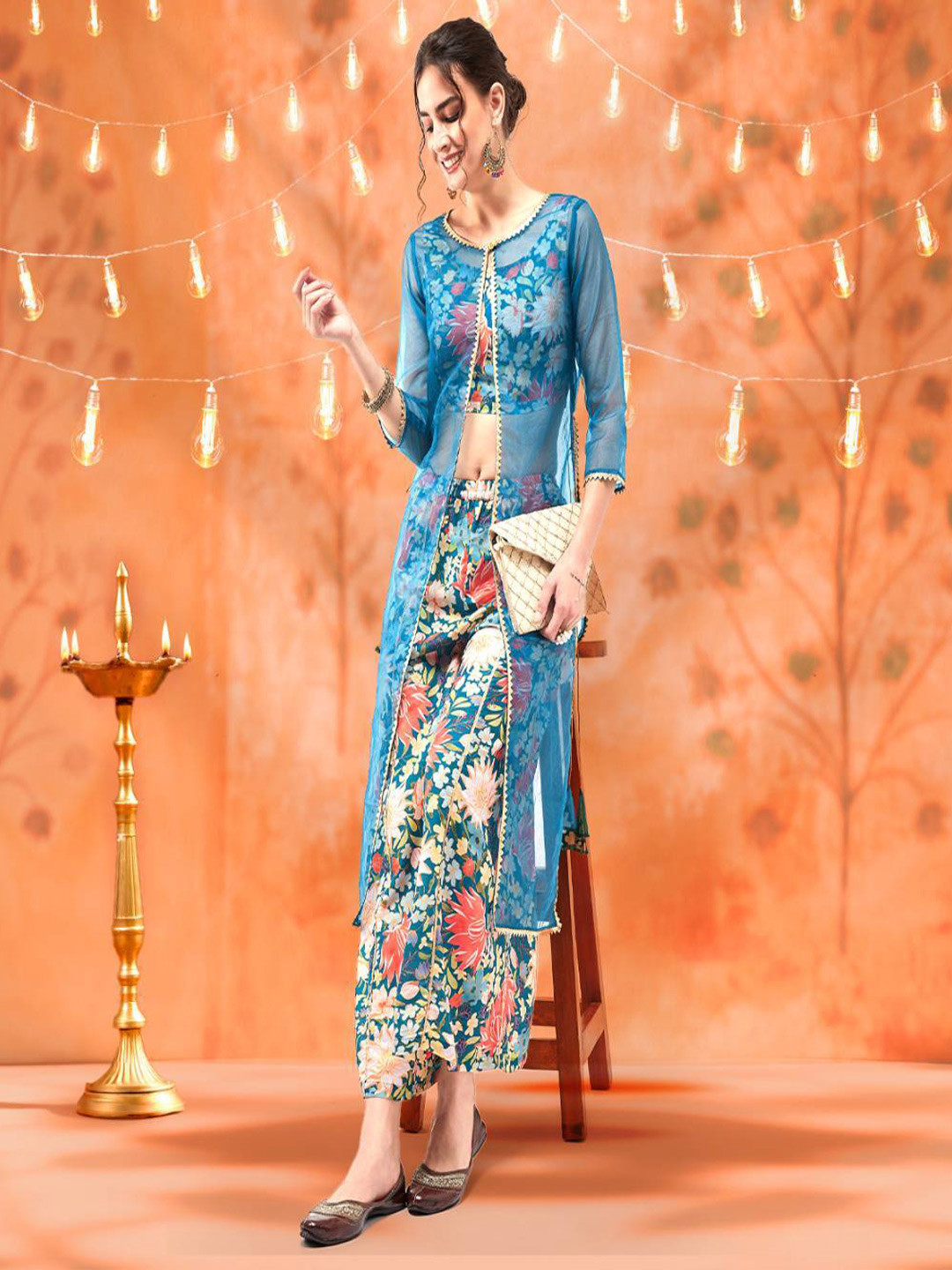 Pannkh Floral Printed Top & Organza Shrug 3-Piece Ethnic Co-ords Set