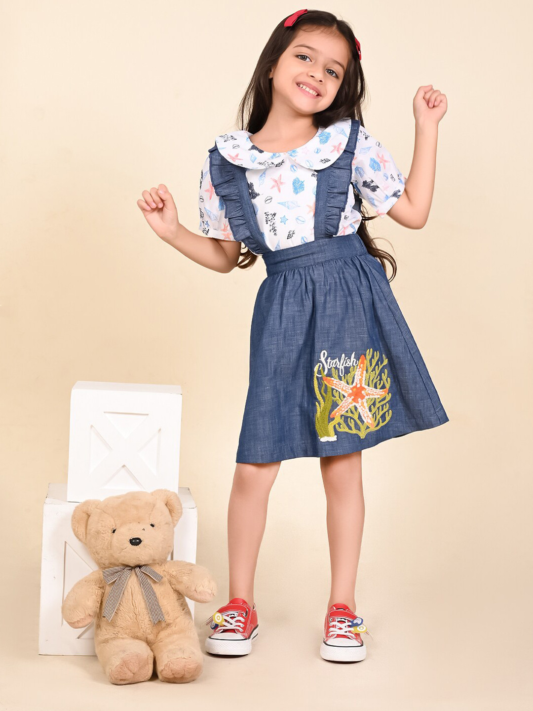 LilPicks Girls Conversational Printed Peter Pan Collar Pure Cotton Top With Skirt