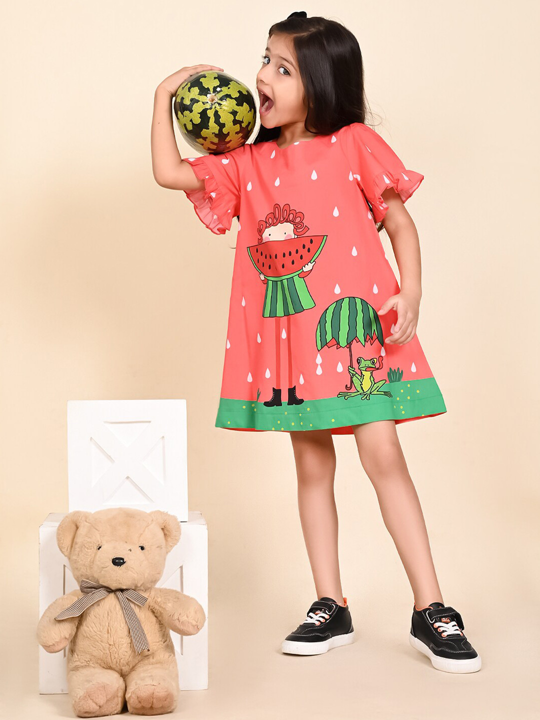 LilPicks Graphic Printed Flared Sleeves Cotton A-Line Dress