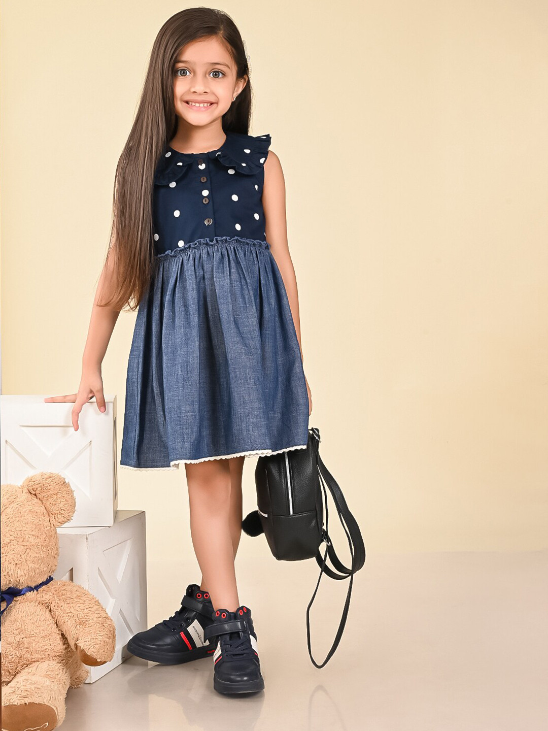 LilPicks Girls Peter Pan Collar Gathered Cotton Fit & Flare Dress