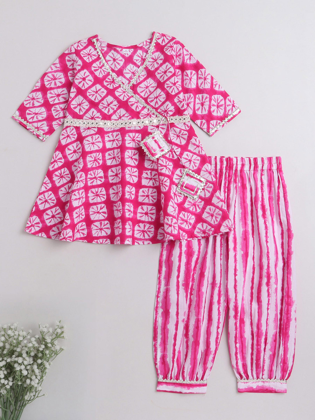 The Magic Wand Girls Dyed Gotta Patti Angrakha Pure Cotton Kurta with Pyjamas