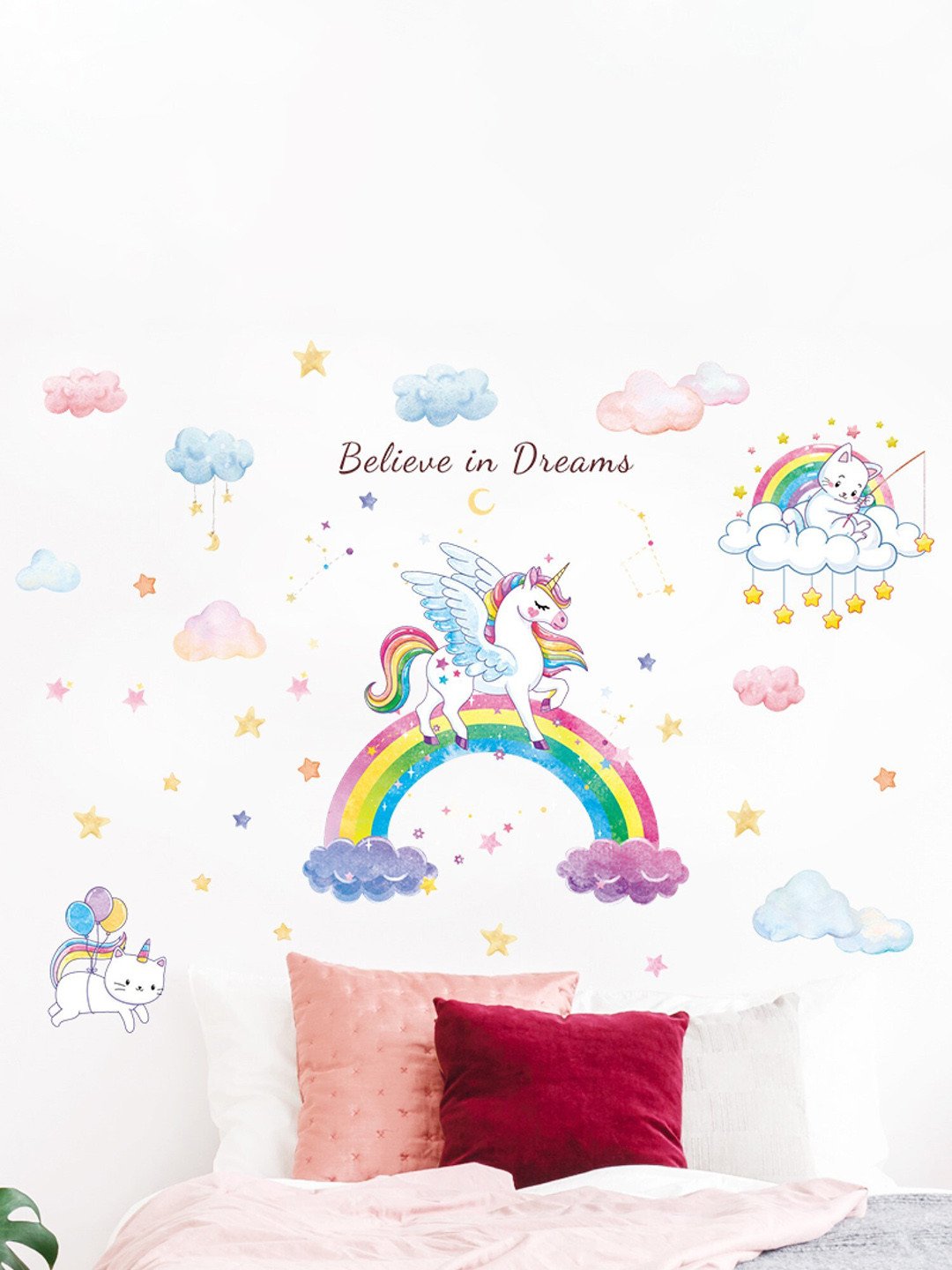 Jaamso Royals White & Blue Unicorn Rainbow Design Self Adhesive Wall Sticker