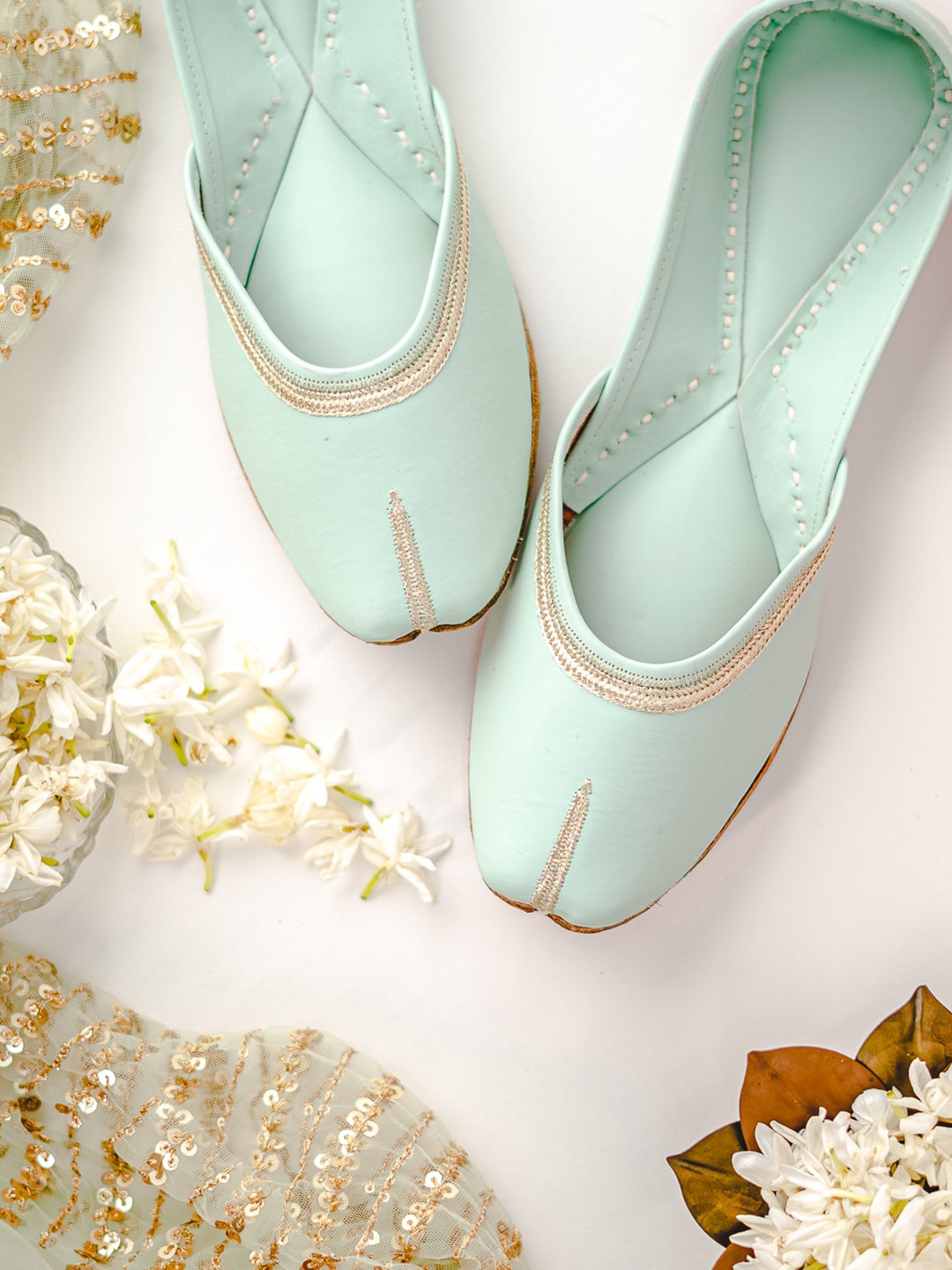 NR By Nidhi Rathi Green Embroidered Ethnic Mojaris Embellished Flats
