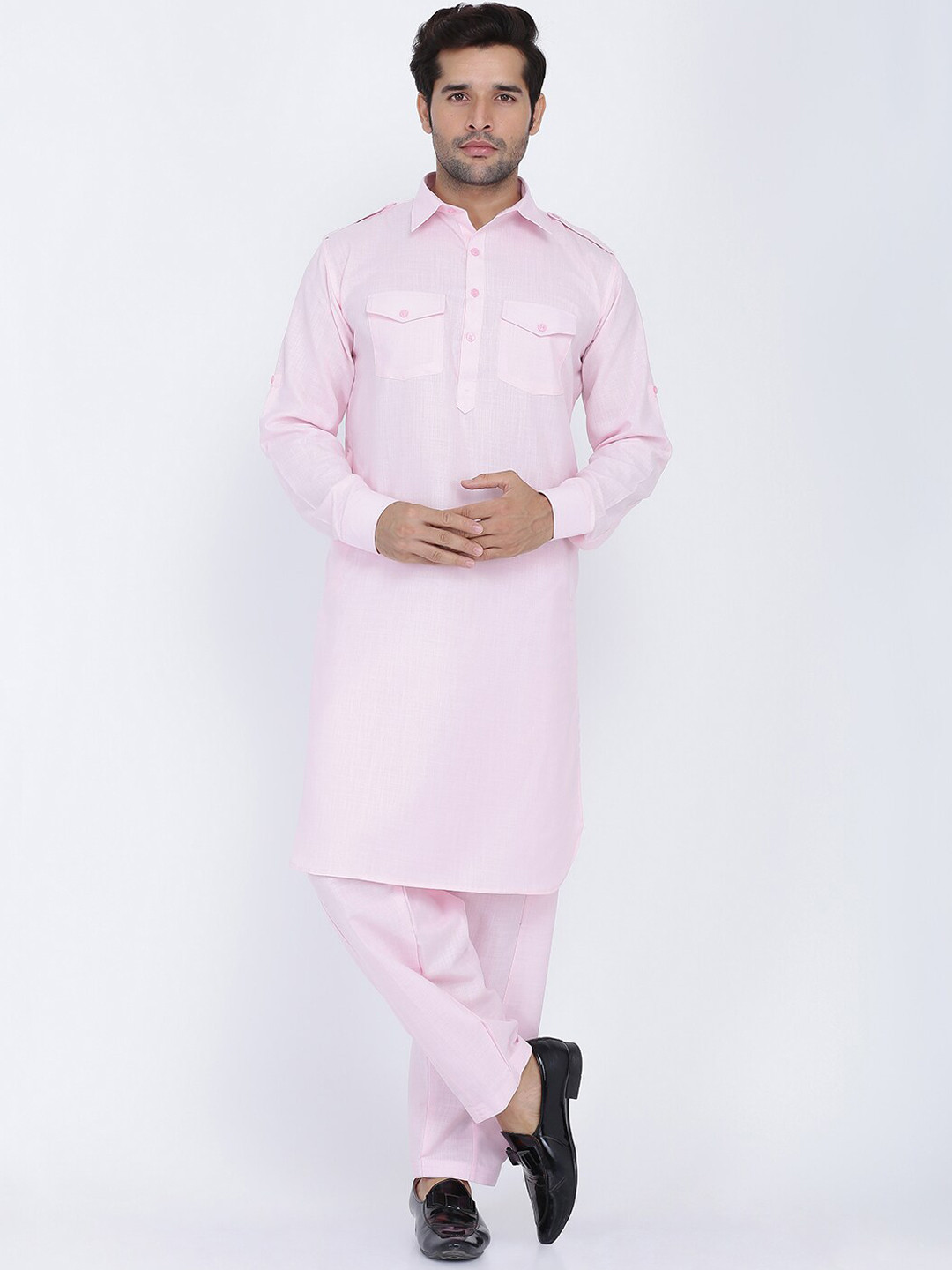ROYAL KURTA Shirt Collar Long Sleeves Pathani Pure Cotton Kurta With Patiala