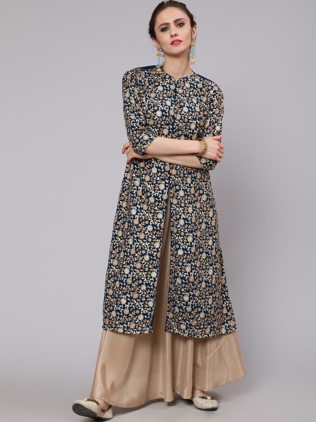 AKS Couture Ethnic Embroidered Mandarin Collar Multiple Slits A-Line Georgette Kurta