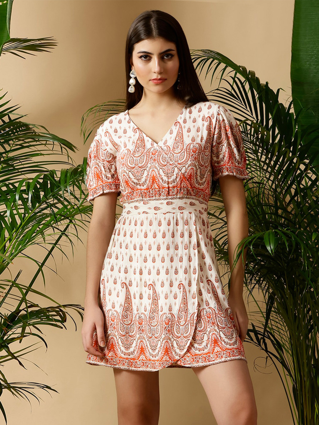 DEBONATELLA EthnicMotifs Printed V-Neck Fit & Flare Dress