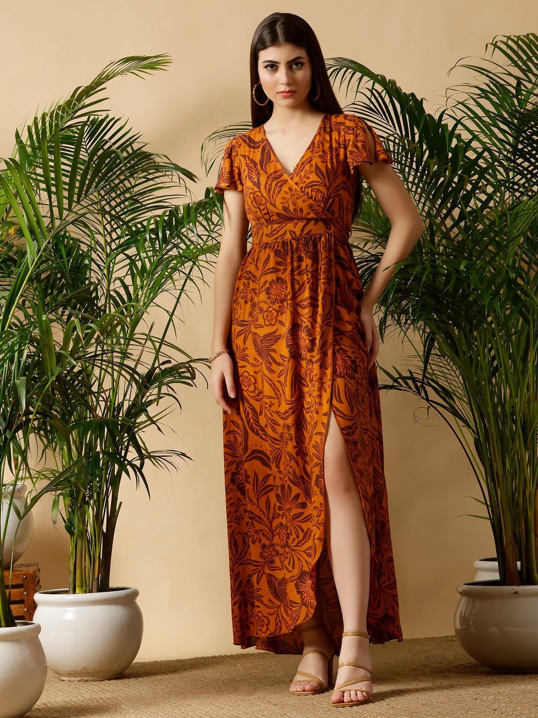 DEBONATELLA Tropical Printed V-Neck Maxi Dress