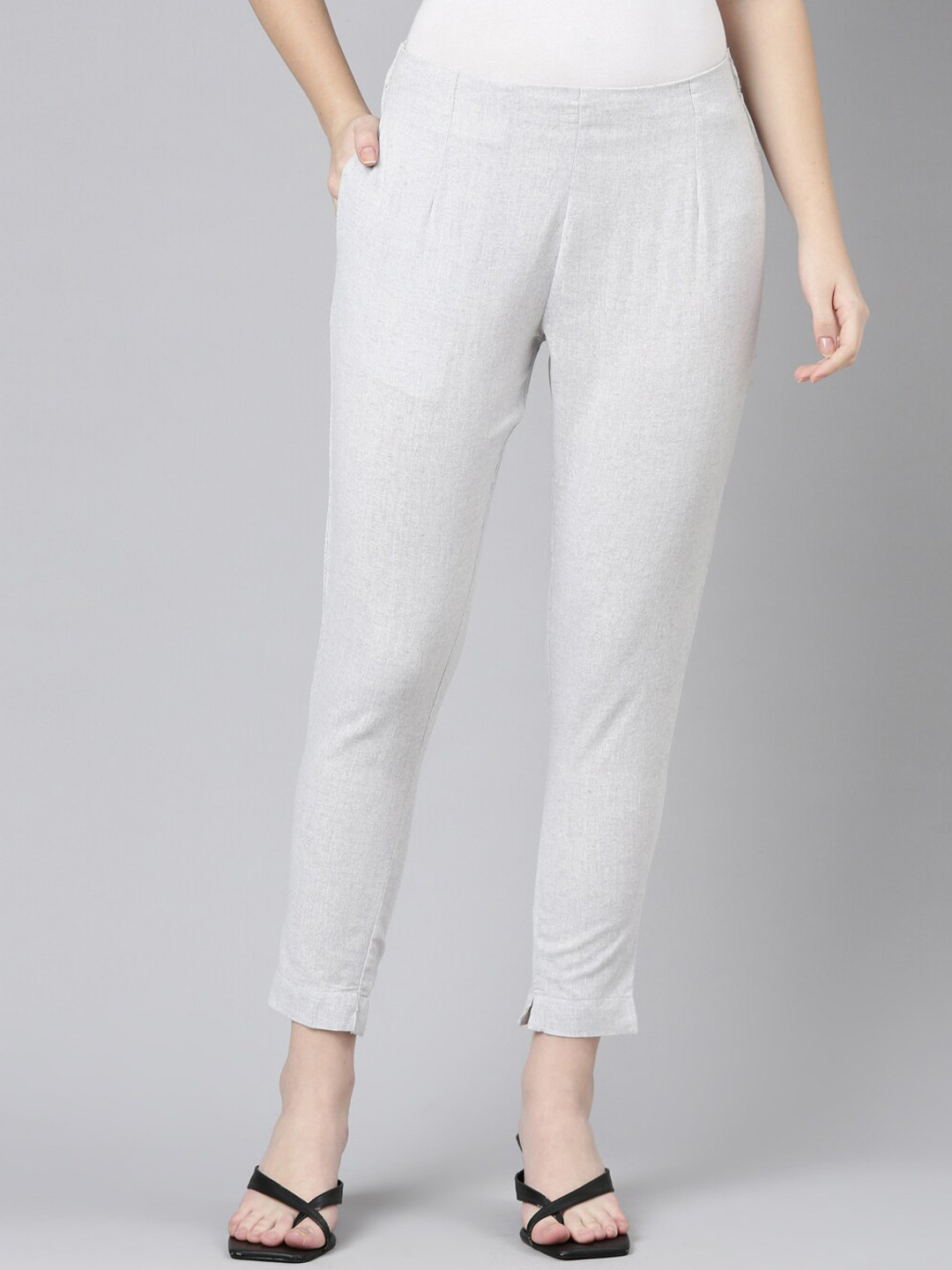 Marcia Women Pleated Smart Slim Fit Cropped Pure Cotton Trousers